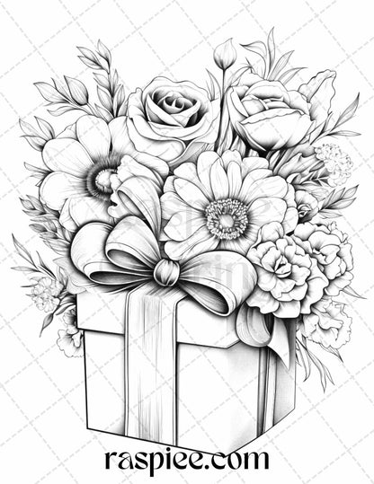 40 Flower Gift Box Grayscale Coloring Pages Printable for Adults Kids, PDF File Instant Download