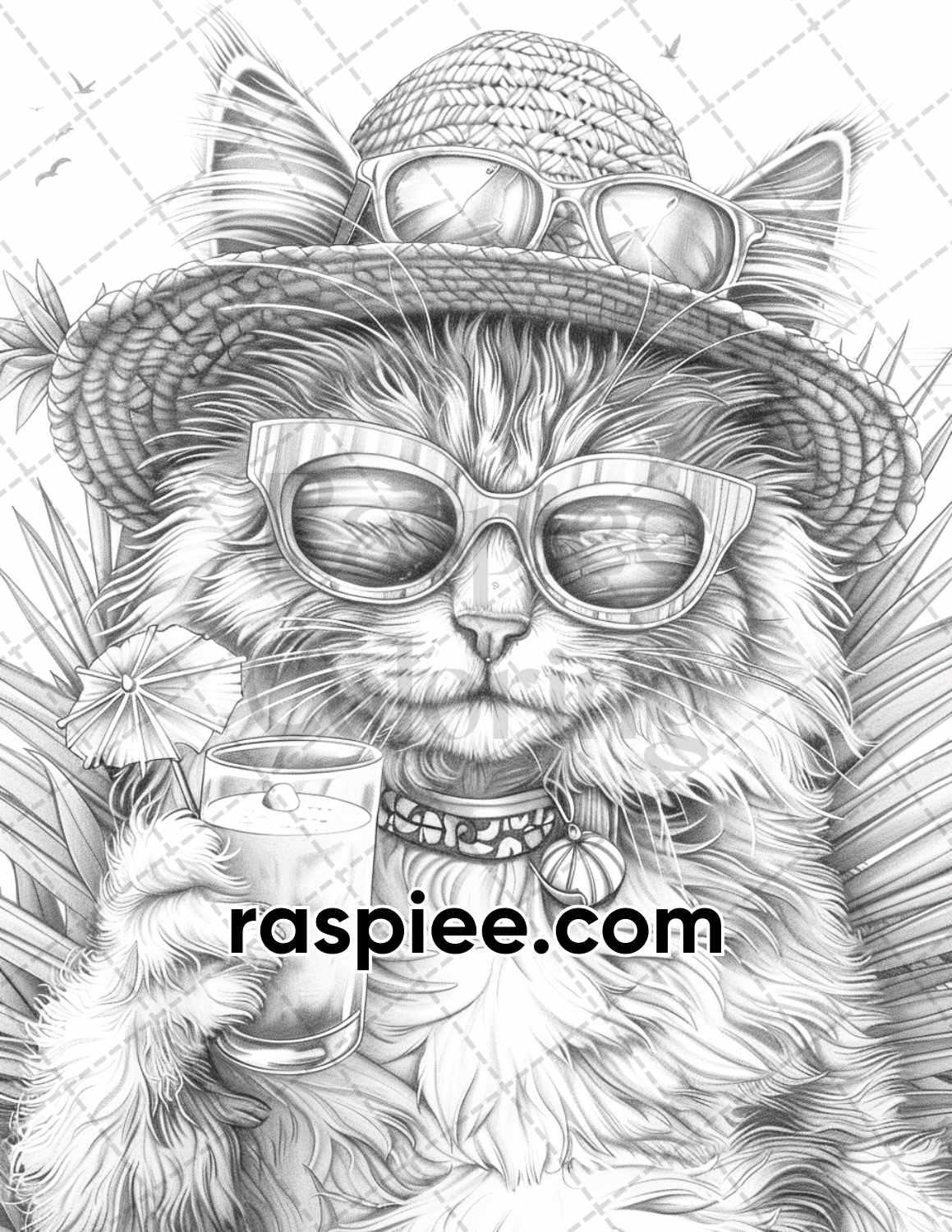 100 Summer Cats Grayscale Adult Coloring Pages, Printable PDF Instant Download