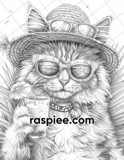 100 Summer Cats Grayscale Adult Coloring Pages, Printable PDF Instant Download