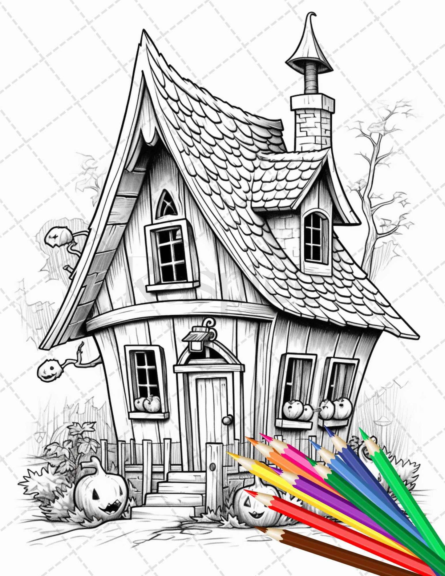 32 Spooky Houses Coloring Pages Printable for Adults, Grayscale Coloring Page, PDF File Instant Download