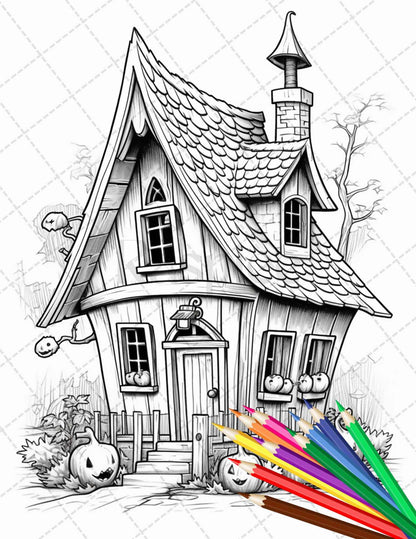 32 Spooky Houses Coloring Pages Printable for Adults, Grayscale Coloring Page, PDF File Instant Download