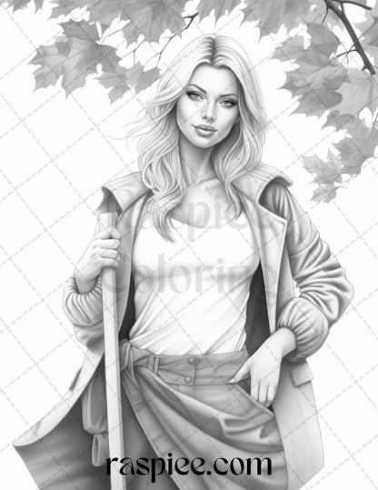 40 Fall Fashion Grayscale Coloring Pages for Adults, Printable PDF File Instant Download