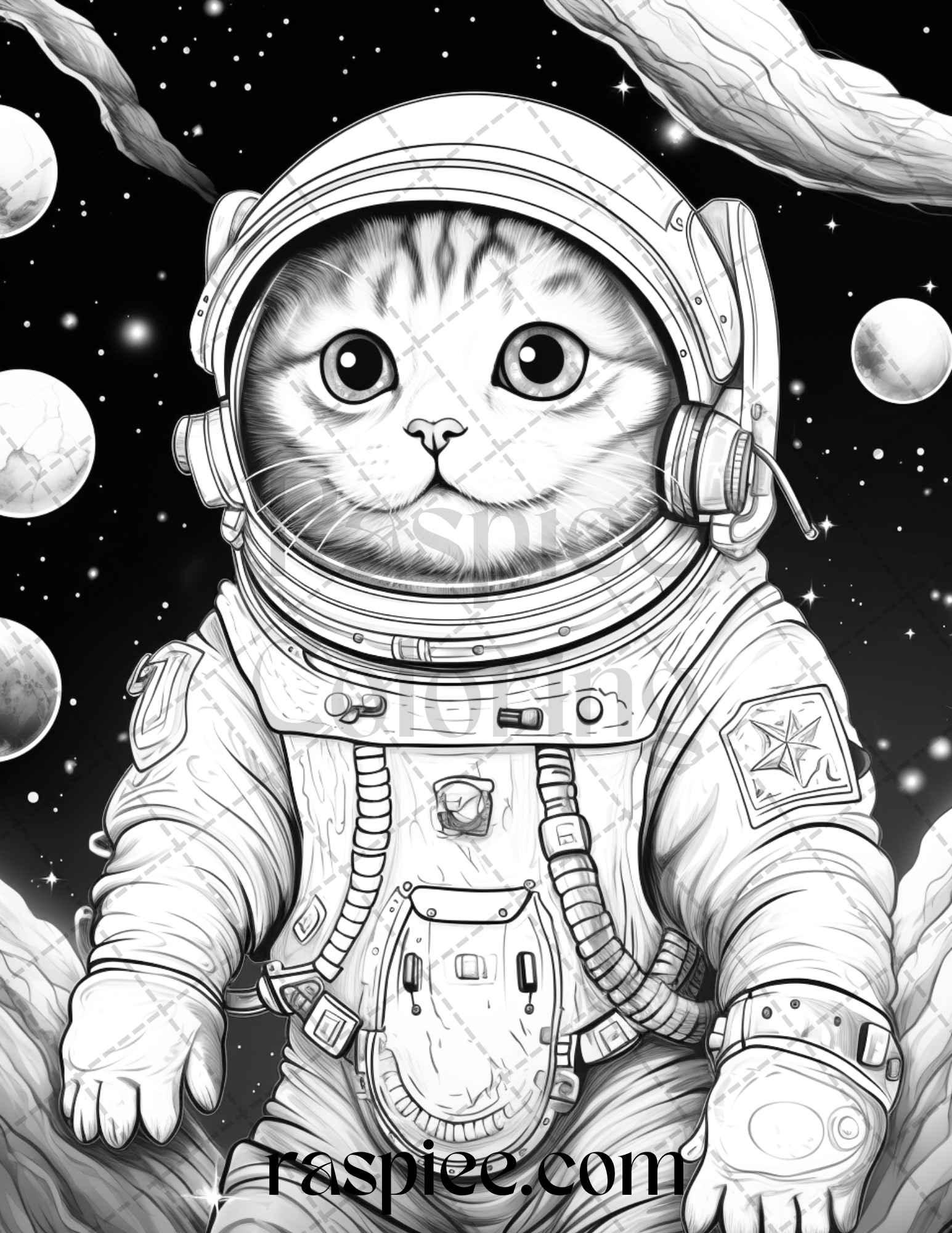 40 Cat Astronaut Grayscale Coloring Pages Printable for Adults Kids, PDF File Instant Download