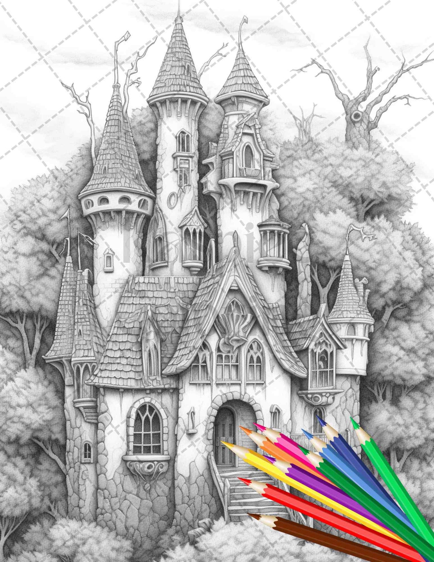 40 Creepy Gothic Houses Grayscale Coloring Pages Printable for Adults, PDF File Instant Download