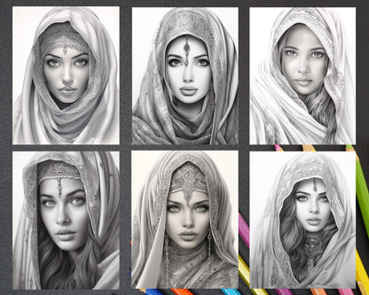 42 Arabian Woman Portrait Gayscale Coloring Pages for Adults, Printable PDF Instant Download