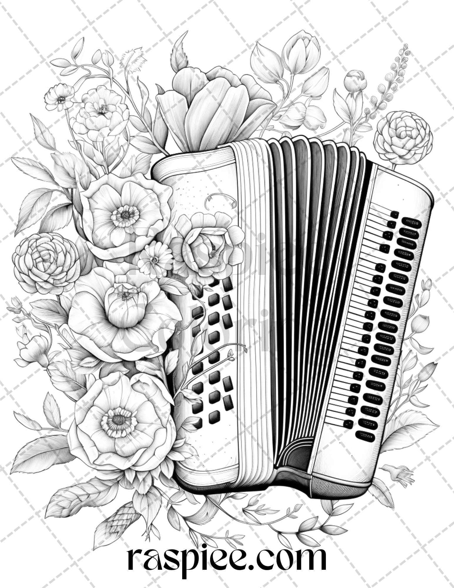 30 Musical Instrument Flower Grayscale Coloring Pages Printable for Adults, PDF File Instant Download