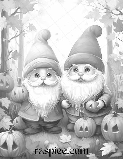 40 Fall Gnomes Grayscale Coloring Pages Printable for Adults Kids, PDF File Instant Download