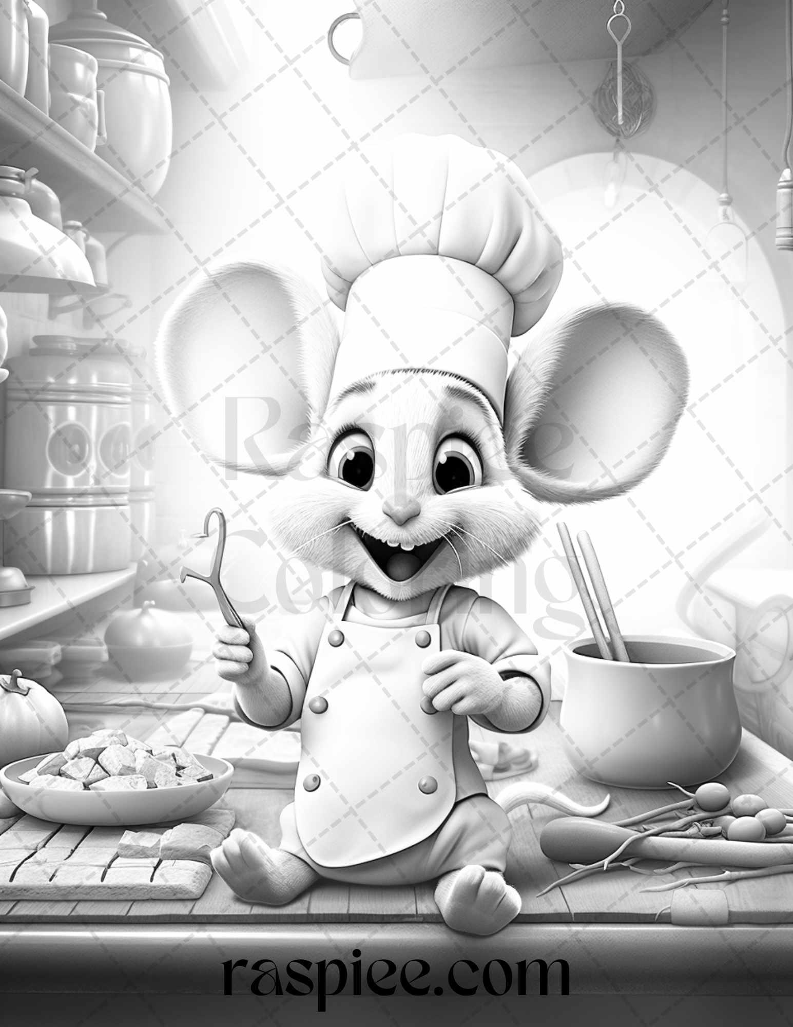 45 Mouse Chef Grayscale Coloring Pages Printable for Adults, PDF File Instant Download