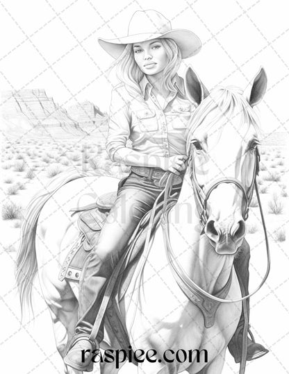 40 Beautiful Cowgirls Grayscale Coloring Pages Printable for Adults, PDF File Instant Download