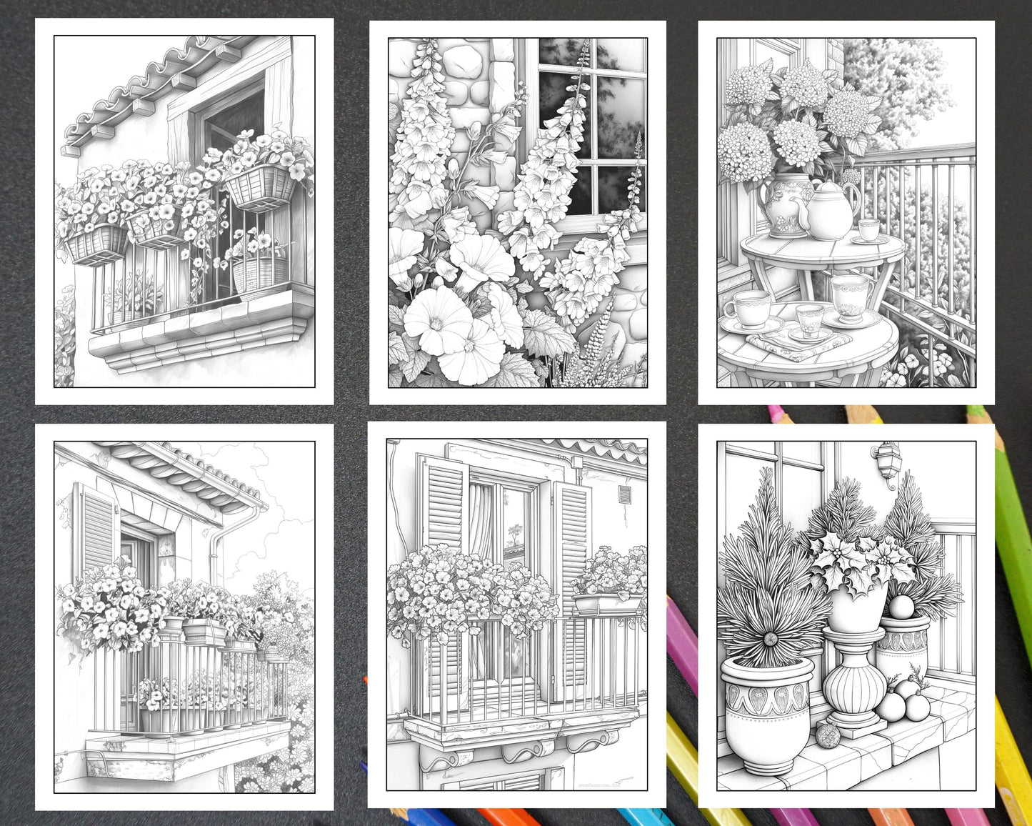 50 Balcony Garden Adult Coloring Pages Printable PDF Instant Download