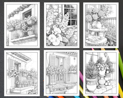 50 Balcony Garden Adult Coloring Pages Printable PDF Instant Download