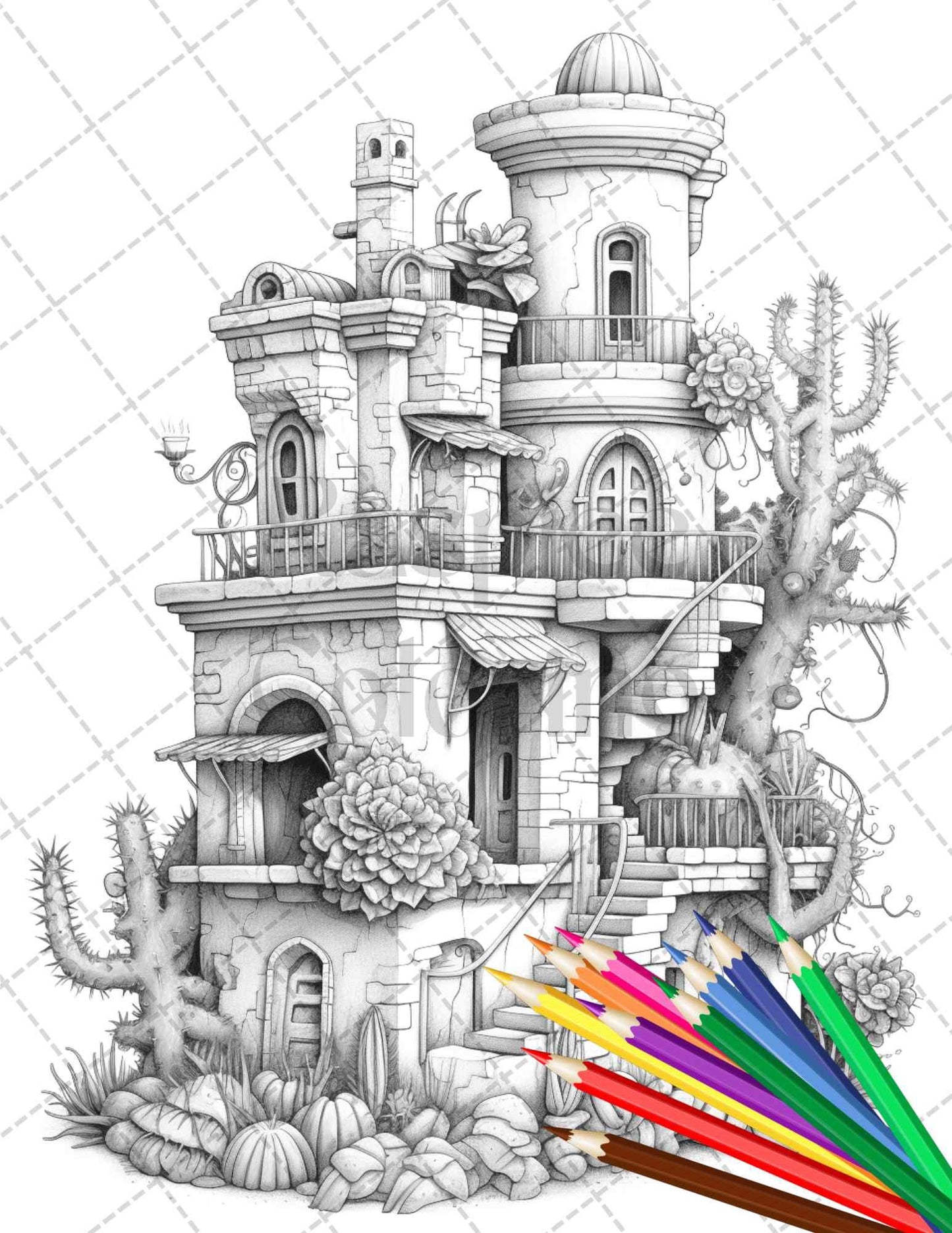 46 Fantasy Cactus Houses Grayscale Coloring Pages Printable for Adults, PDF File Instant Download