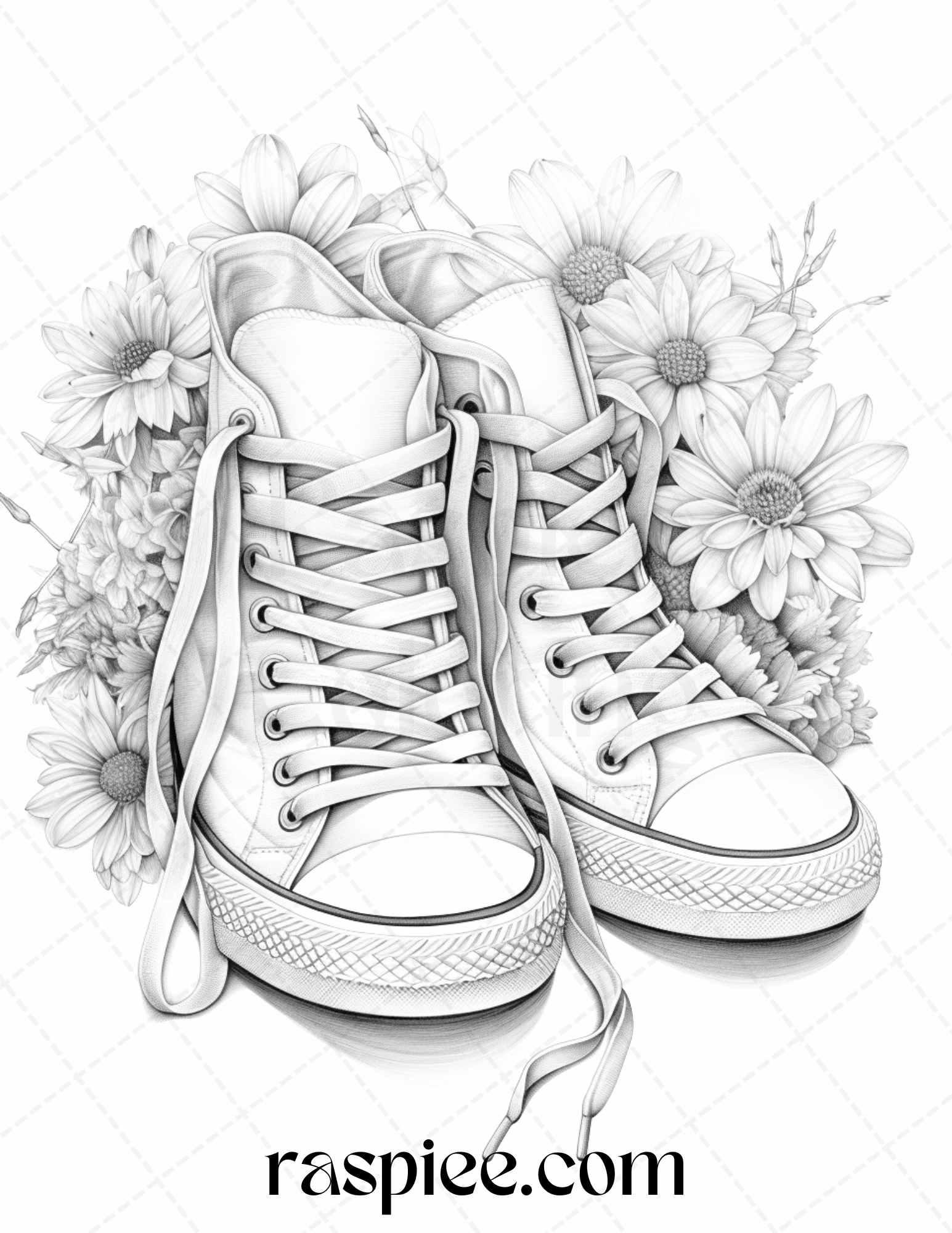 40 Flower Sneakers Grayscale Coloring Pages Printable for Adults, PDF File Instant Download