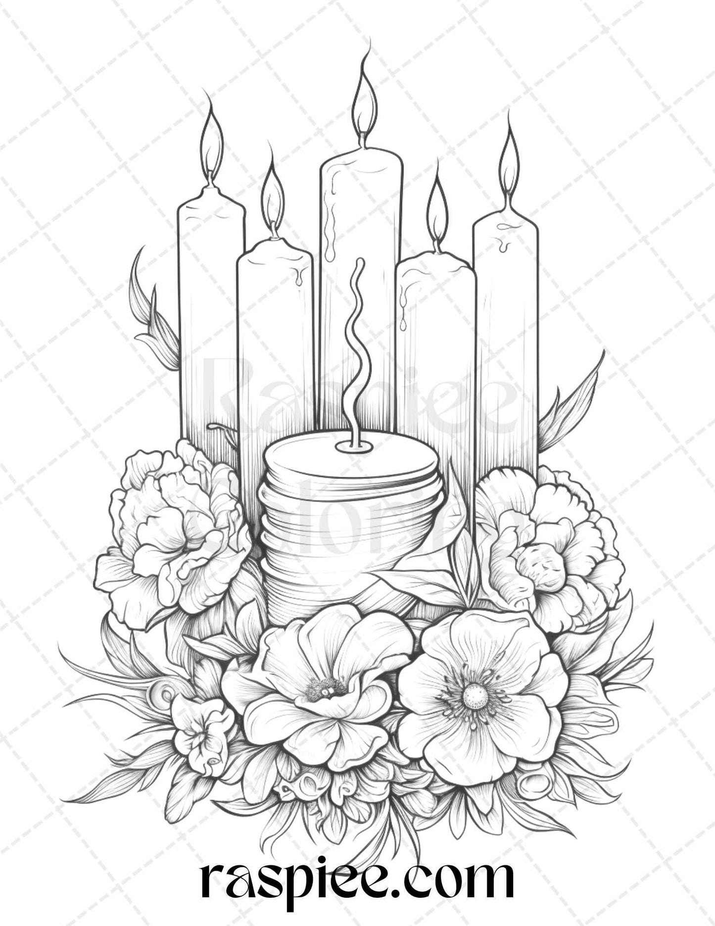 40 Flower Candles Grayscale Coloring Pages Printable for Adults, PDF File Instant Download