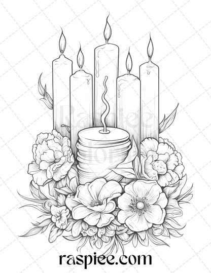 40 Flower Candles Grayscale Coloring Pages Printable for Adults, PDF File Instant Download