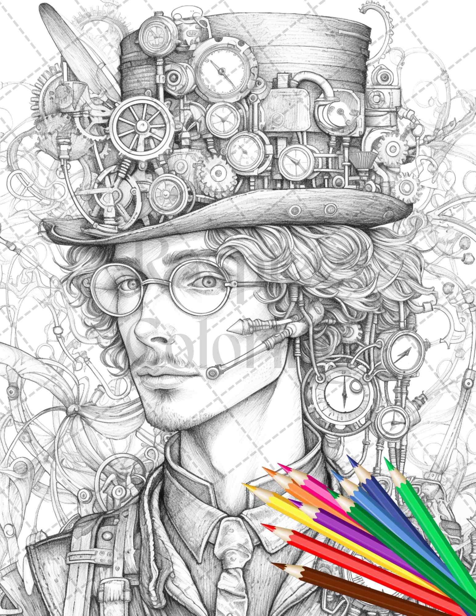 42 Steampunk Mens Grayscale Coloring Pages Printable for Adults, PDF File Instant Download