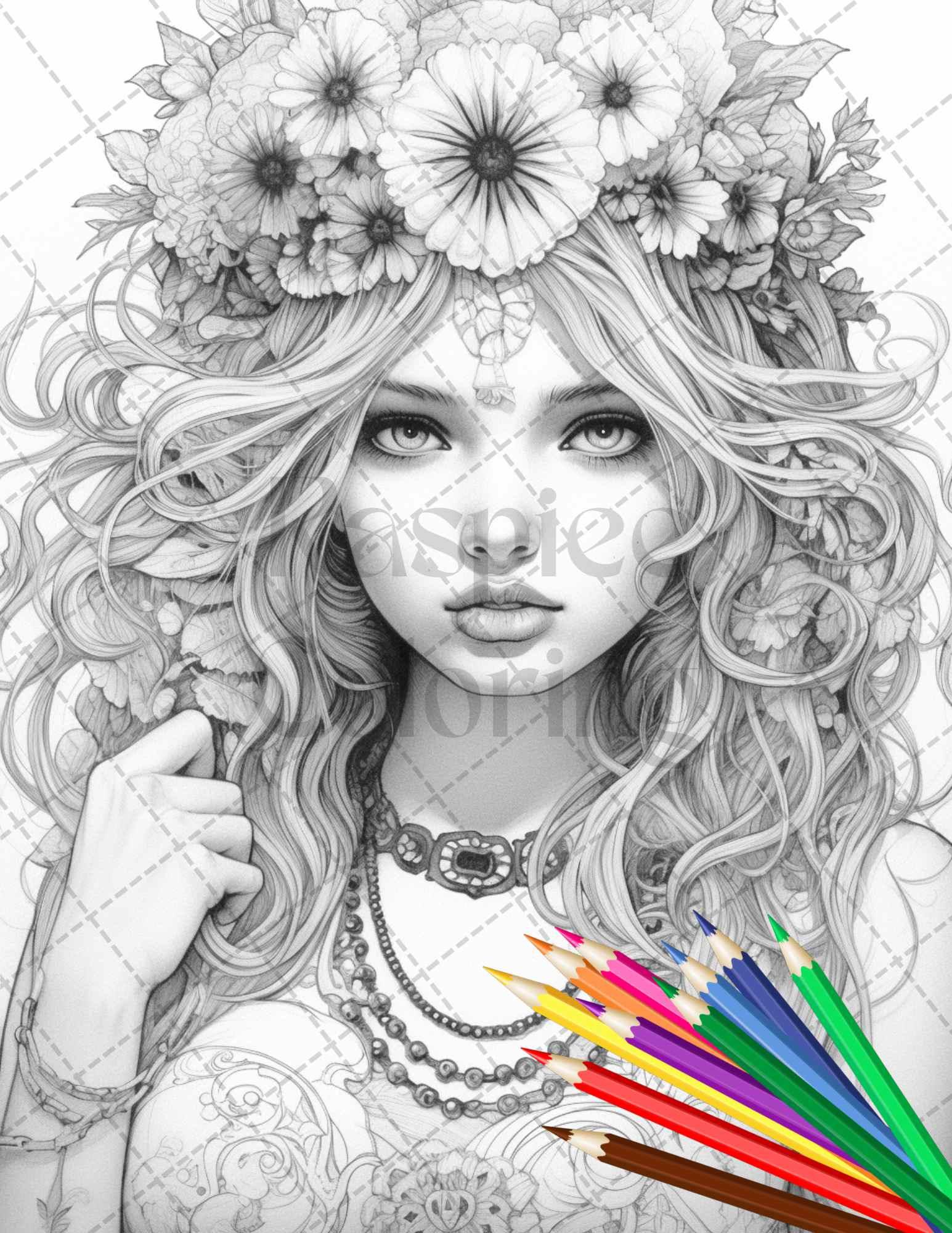 43 Beautiful Hippie Girls Grayscale Coloring Pages Printable for Adults, PDF File Instant Download