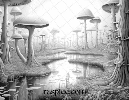 40 Halloween Landscapes Grayscale Coloring Pages Printable for Adults, PDF File Instant Download