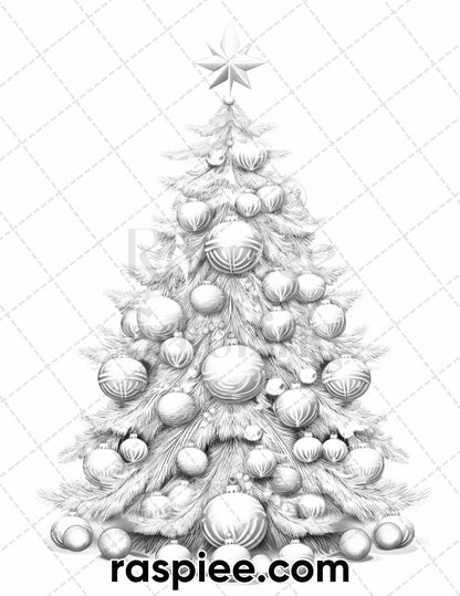 40 Christmas Tree Grayscale Coloring Pages for Adults, Printable PDF Instant Download