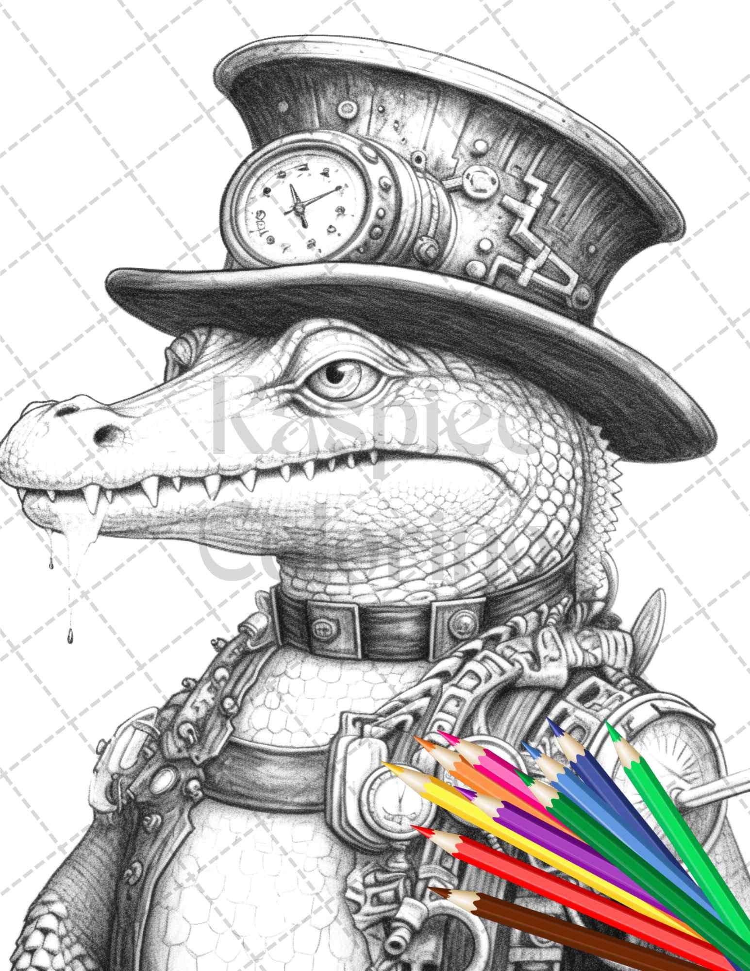 45 Steampunk Animals Grayscale Coloring Pages Printable for Adults Vol. 2, PDF File Instant Download