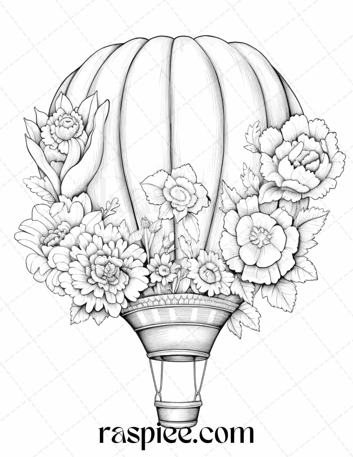 42 Flower Hot Air Balloons Grayscale Coloring Pages Printable for Adults, PDF File Instant Download