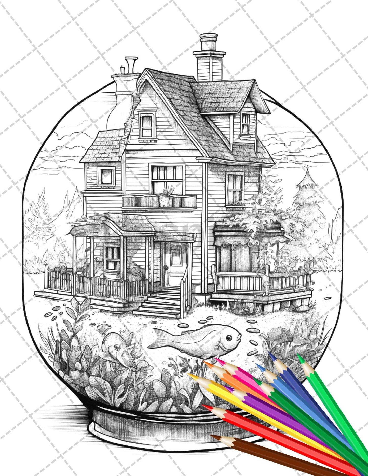 34 Fishtank Houses Coloring Book for Adults, Grayscale Coloring Page, Printable PDF Instant Download