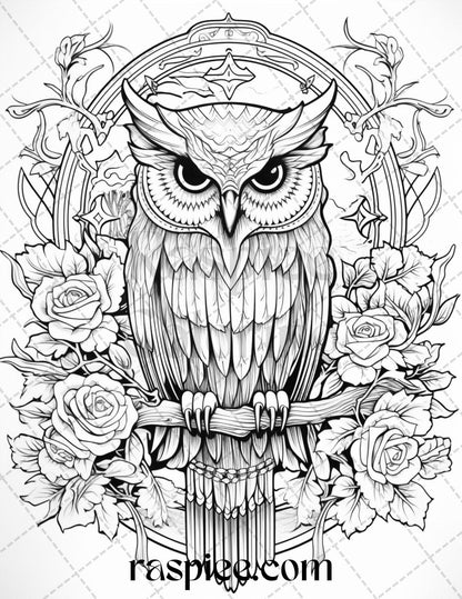 40 Floral Owl Grayscale Printable Coloring Pages for Adults, PDF File Instant Download