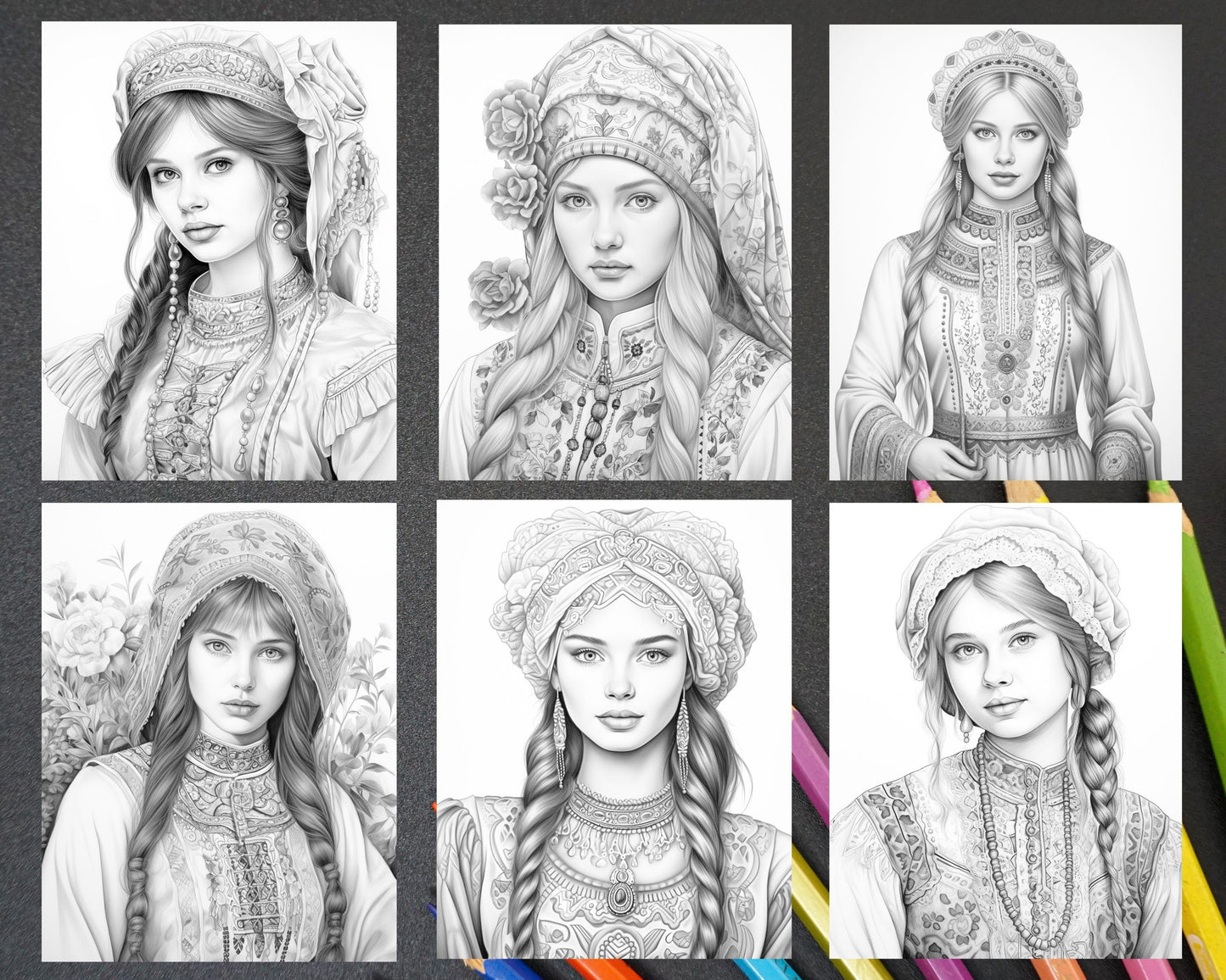 60 Traditional Russian Girls Grayscale Adult Coloring Pages, Printable PDF Instant Download