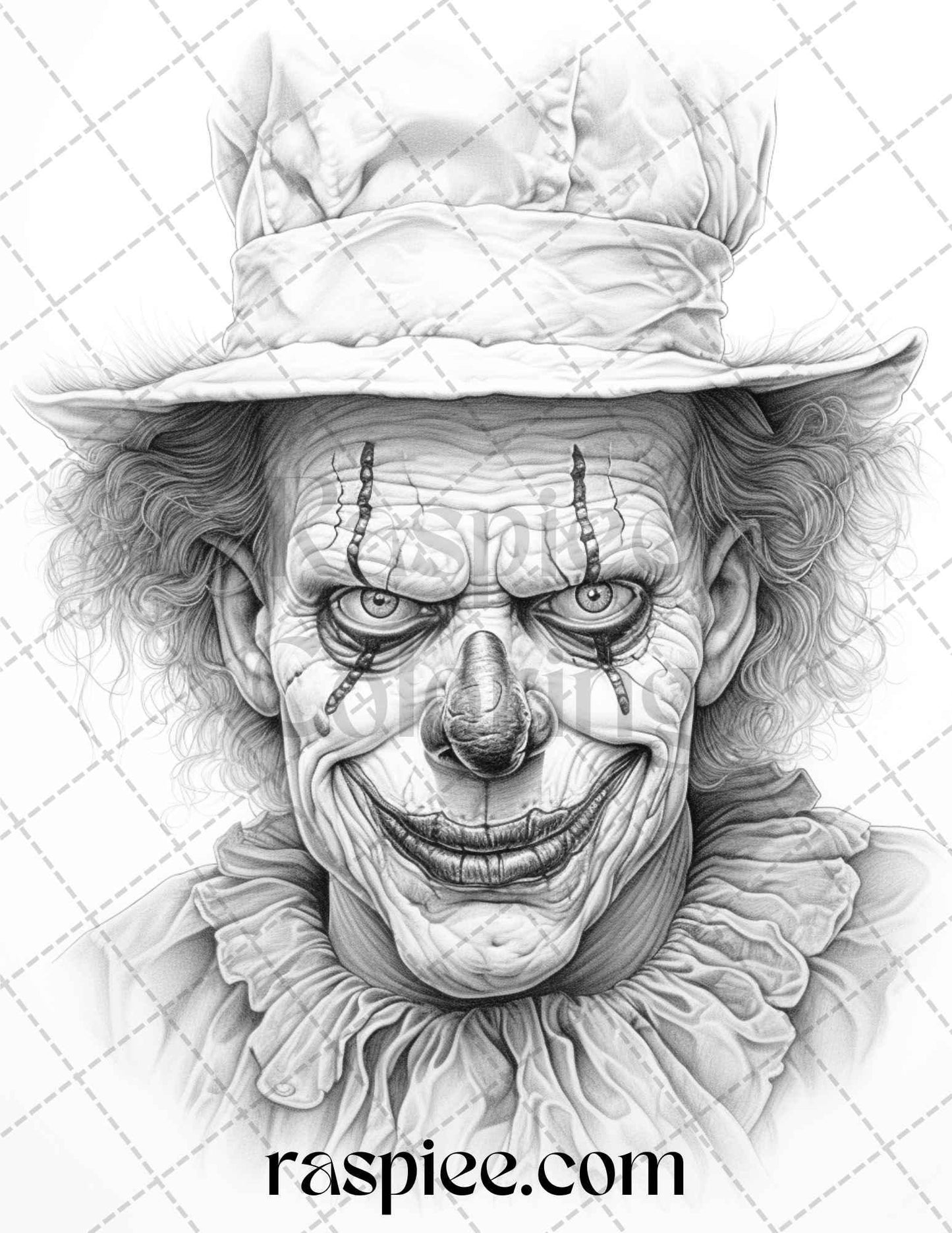 40 Spooky Clowns Grayscale Coloring Pages Printable for Adults, PDF File Instant Download