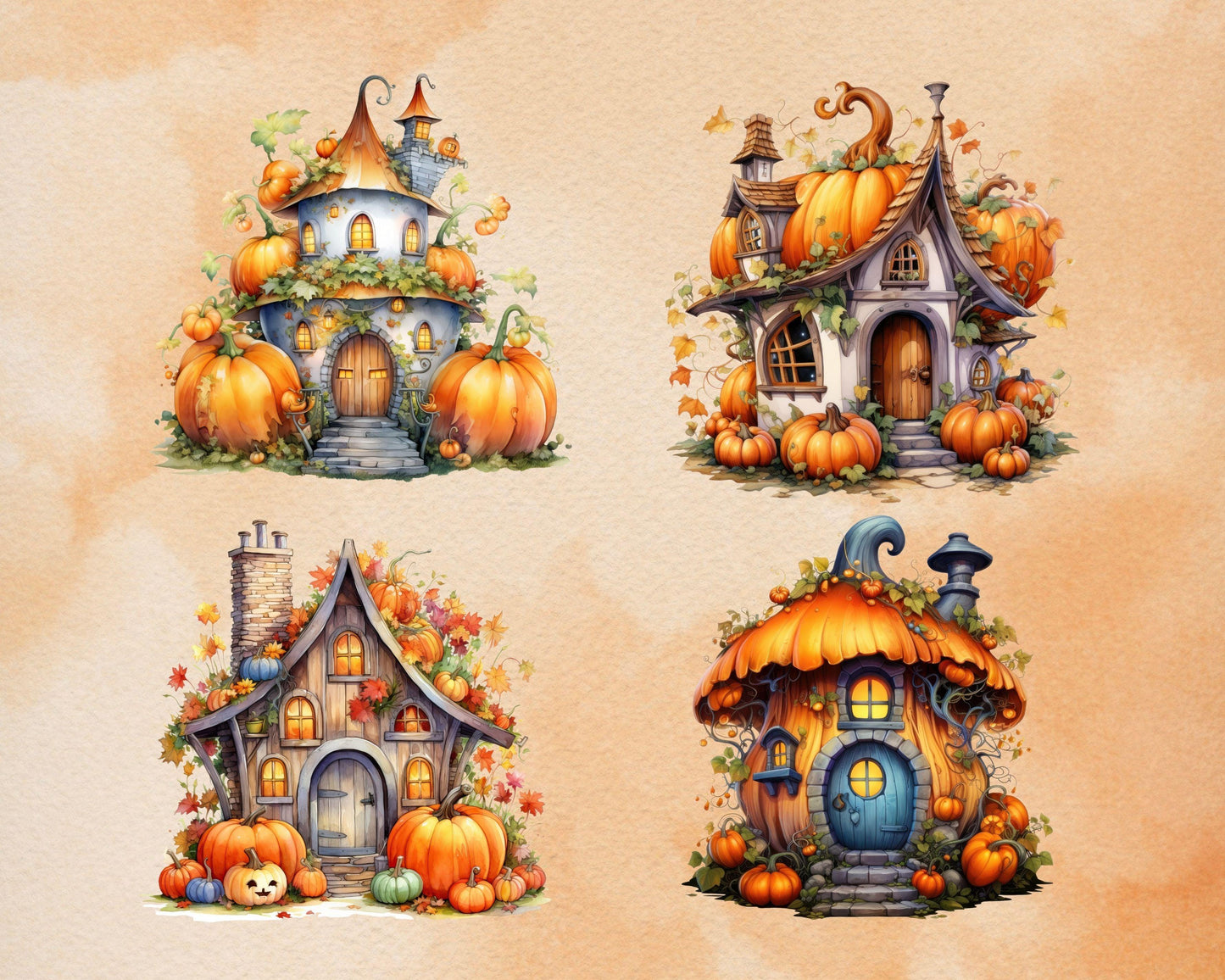 44 PNG Watercolor Pumpkin Fairy House Clipart, Autumn Halloween Illustrations