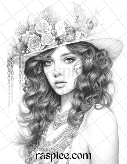 40 Beautiful Gatsby Girls Grayscale Coloring Pages Printable for Adults, PDF File Instant Download