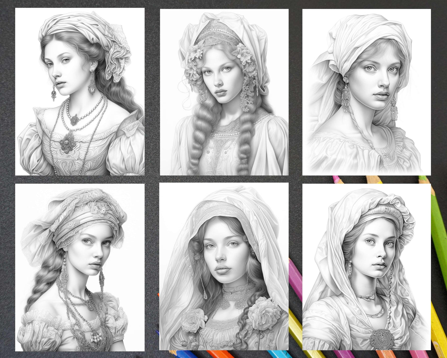 65 Renaissance Beauties Grayscale Coloring Pages for Adults, Printable PDF Instant Download