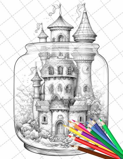 42 Fantasy Castle In Jar Grayscale Coloring Pages Printable for Adults, PDF File Instant Download