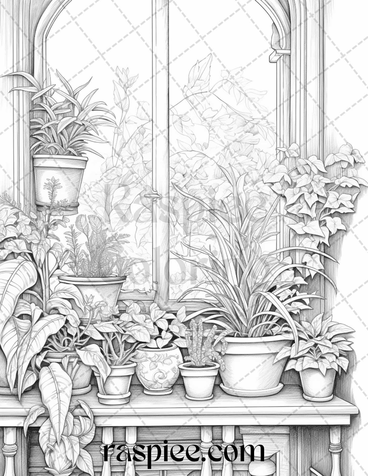 40 Window Plants Grayscale Coloring Pages Printable for Adults, PDF File Instant Download