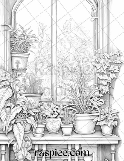 40 Window Plants Grayscale Coloring Pages Printable for Adults, PDF File Instant Download