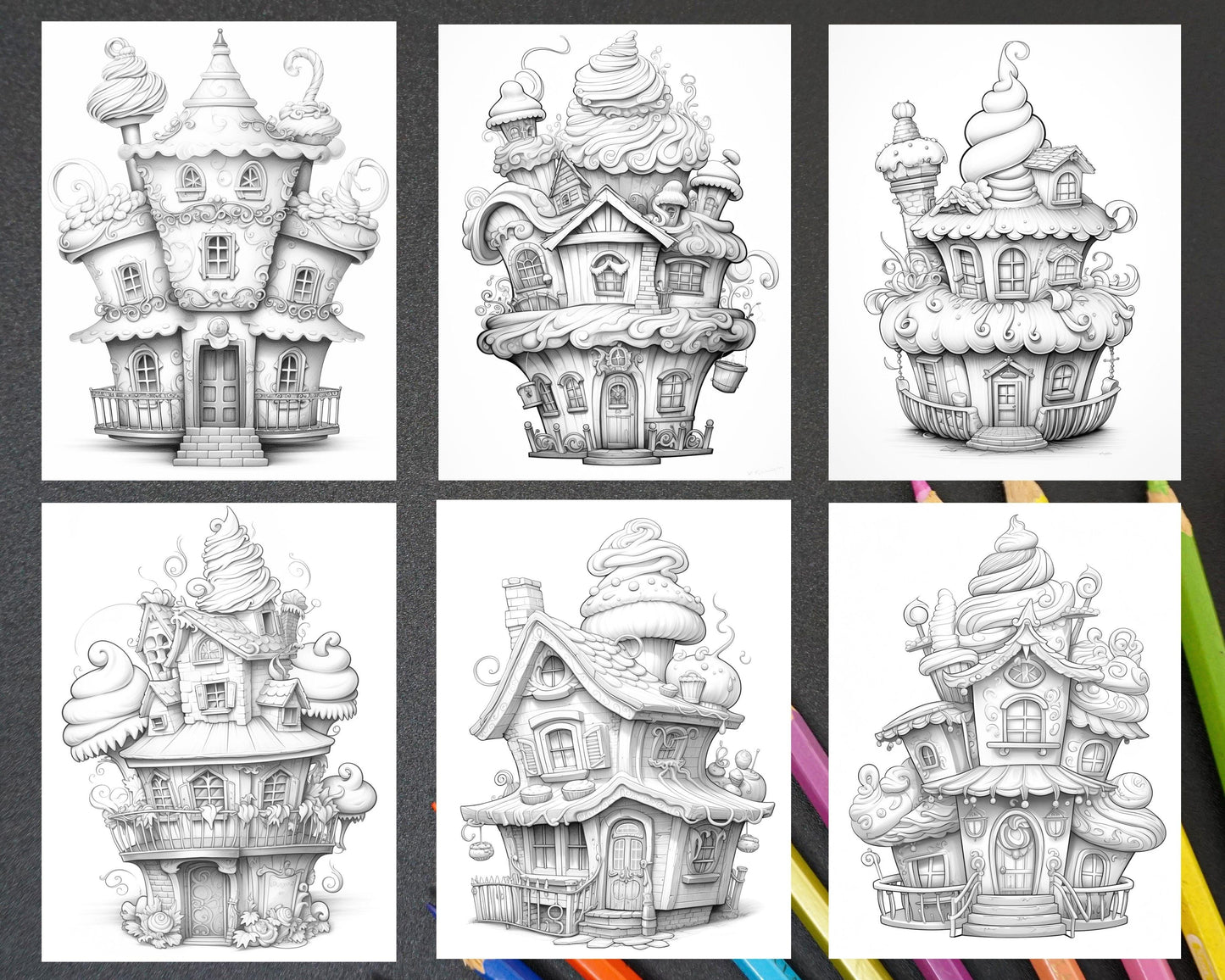 40 Whimsical Cupcake Houses Grayscale Coloring Pages for Adults, Printable PDF Instant Download