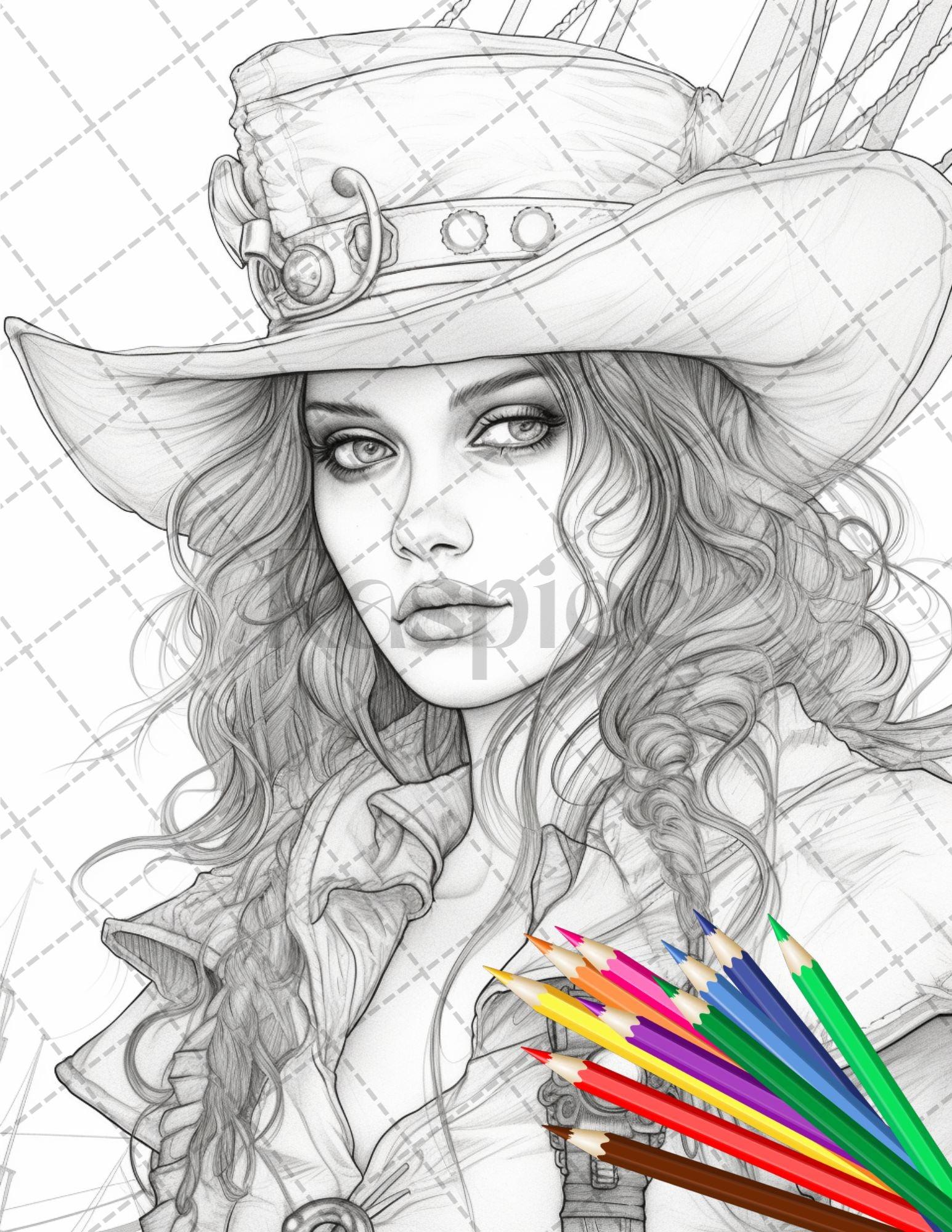 48 Beautiful Pirate Princess Coloring Book Printable for Adults, Grayscale Coloring Page, PDF File Instant Download