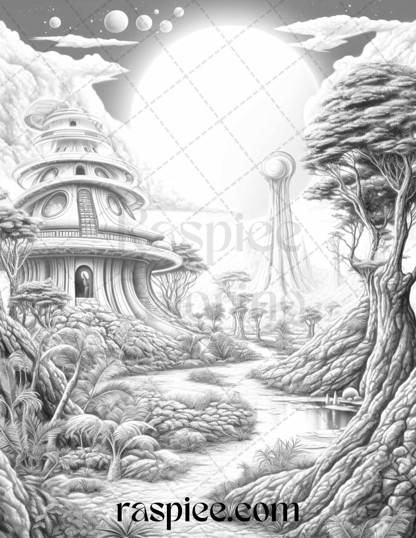 40 Alien Houses Grayscale Coloring Pages for Adults, Printable PDF File Instant Download