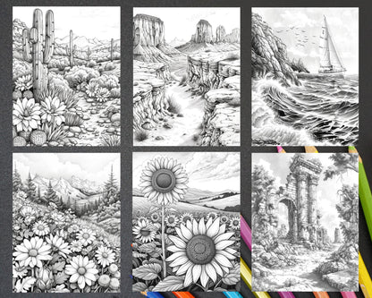 101 Relaxing Landscapes Grayscale Adult Coloring Pages Printable PDF Instant Download