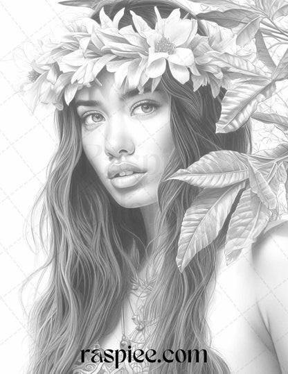 40 Hawaiian Girls Grayscale Coloring Pages Printable for Adults, PDF File Instant Download