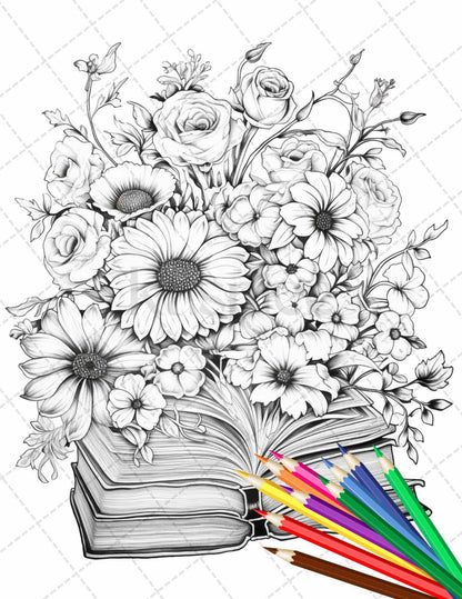 31 Book Flowers Coloring Pages Printable for Adults, Grayscale Coloring Page, PDF File Instant Download