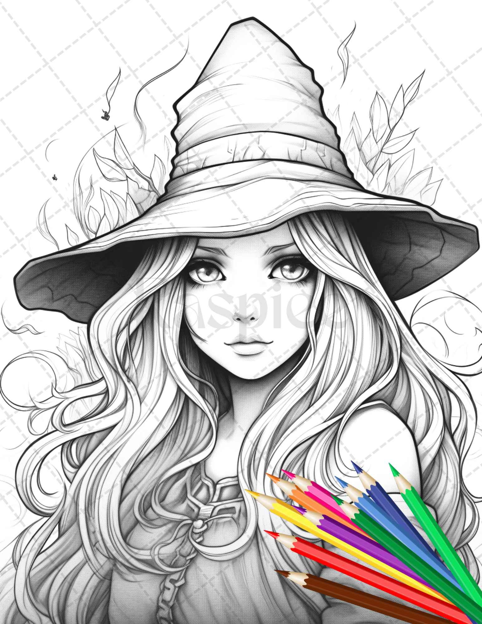 40 Cute Witches Coloring Pages Printable for Adults, Grayscale Coloring Page, PDF File Instant Download