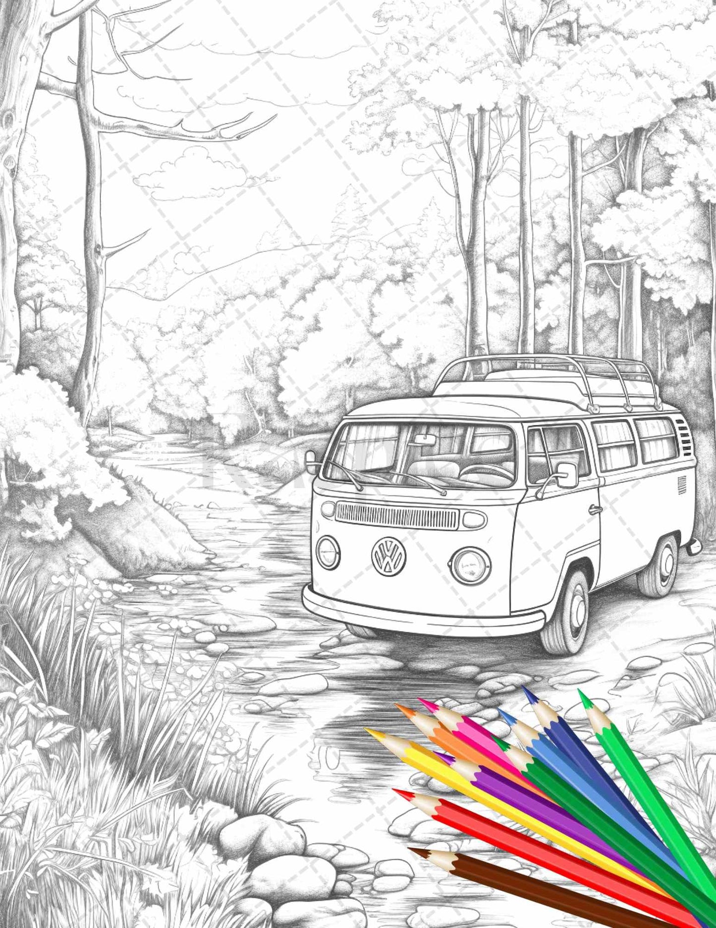 30 Campervan Adventure Grayscale Coloring Pages Printable for Adults, PDF File Instant Download