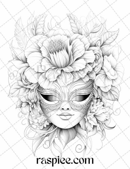 40 Masquerade Masks Grayscale Coloring Pages Printable for Adults, PDF File Instant Download