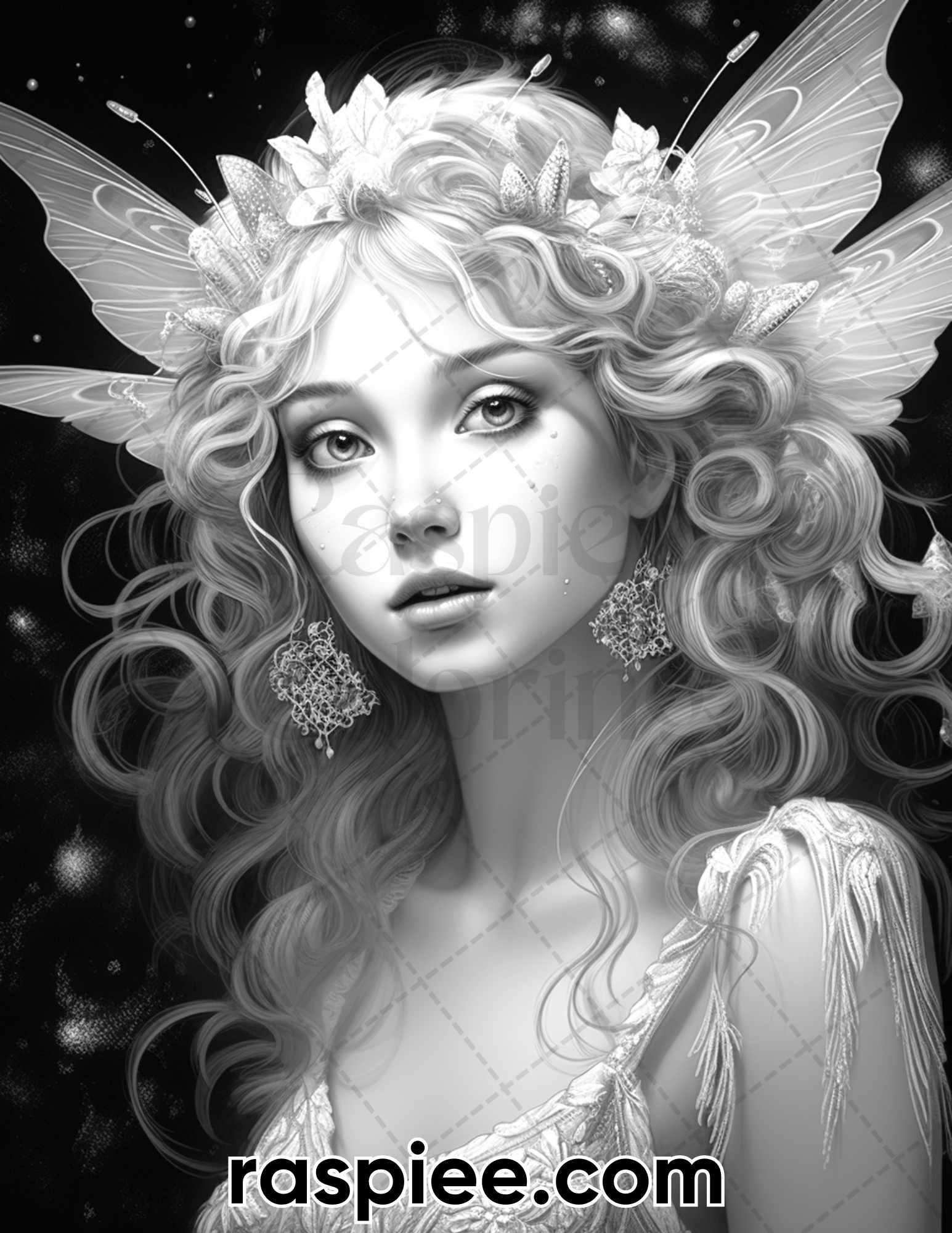 50 Starlight Fairy Grayscale Coloring Pages for Adults, Printable PDF File Instant Download