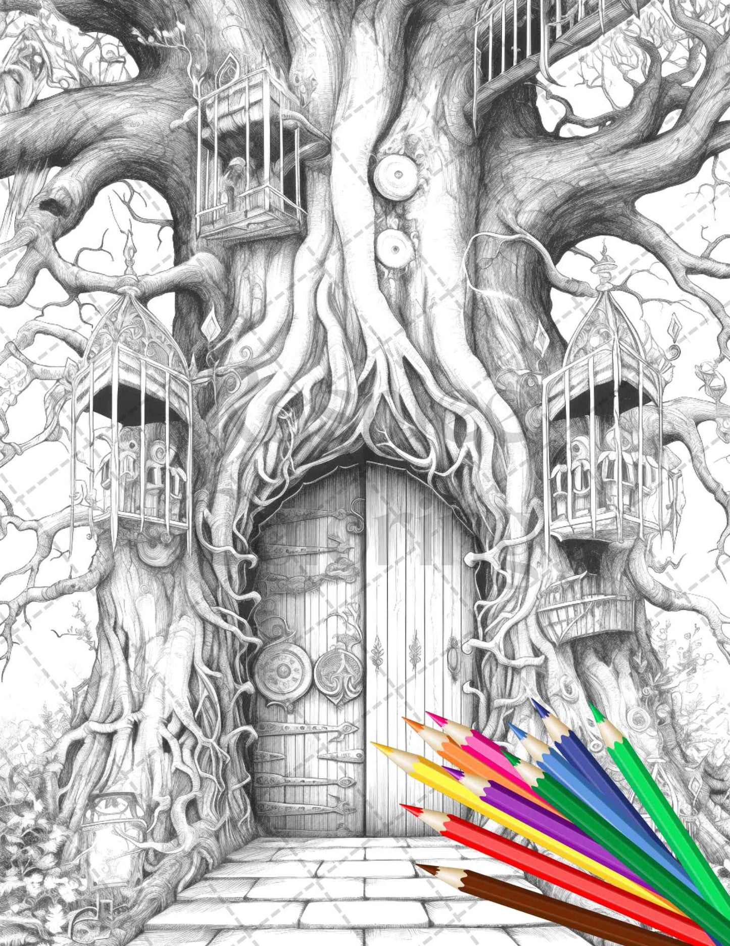 40 Magical Forest Gates Grayscale Coloring Pages Printable for Adults, PDF File Instant Download