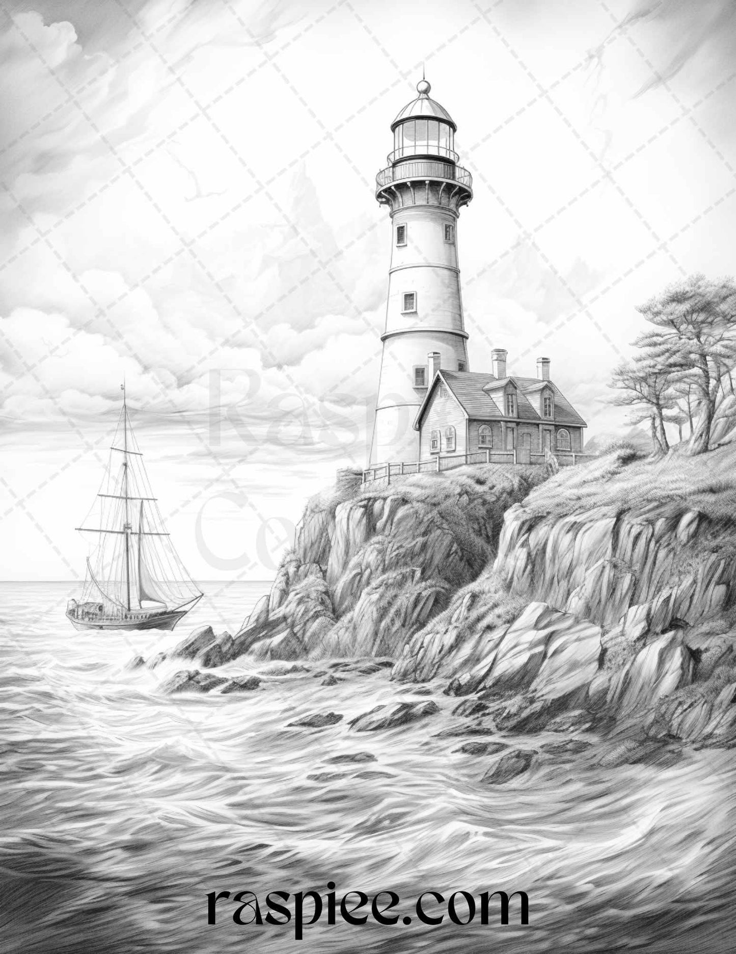 40 Majestic Lighthouses Grayscale Coloring Pages Printable for Adults, PDF File Instant Download