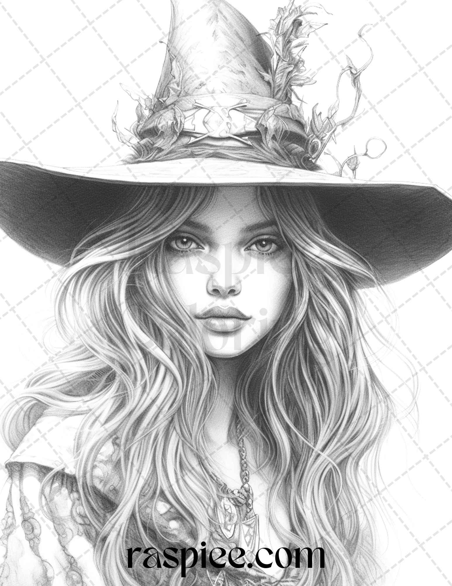 40 Beautiful Witches Grayscale Coloring Pages Printable for Adults, PDF File Instant Download