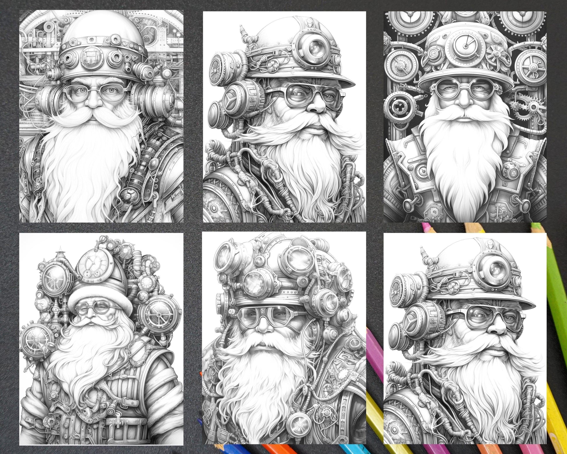 50 Steampunk Santa Claus Grayscale Coloring Pages for Adults, Printable PDF Instant Download