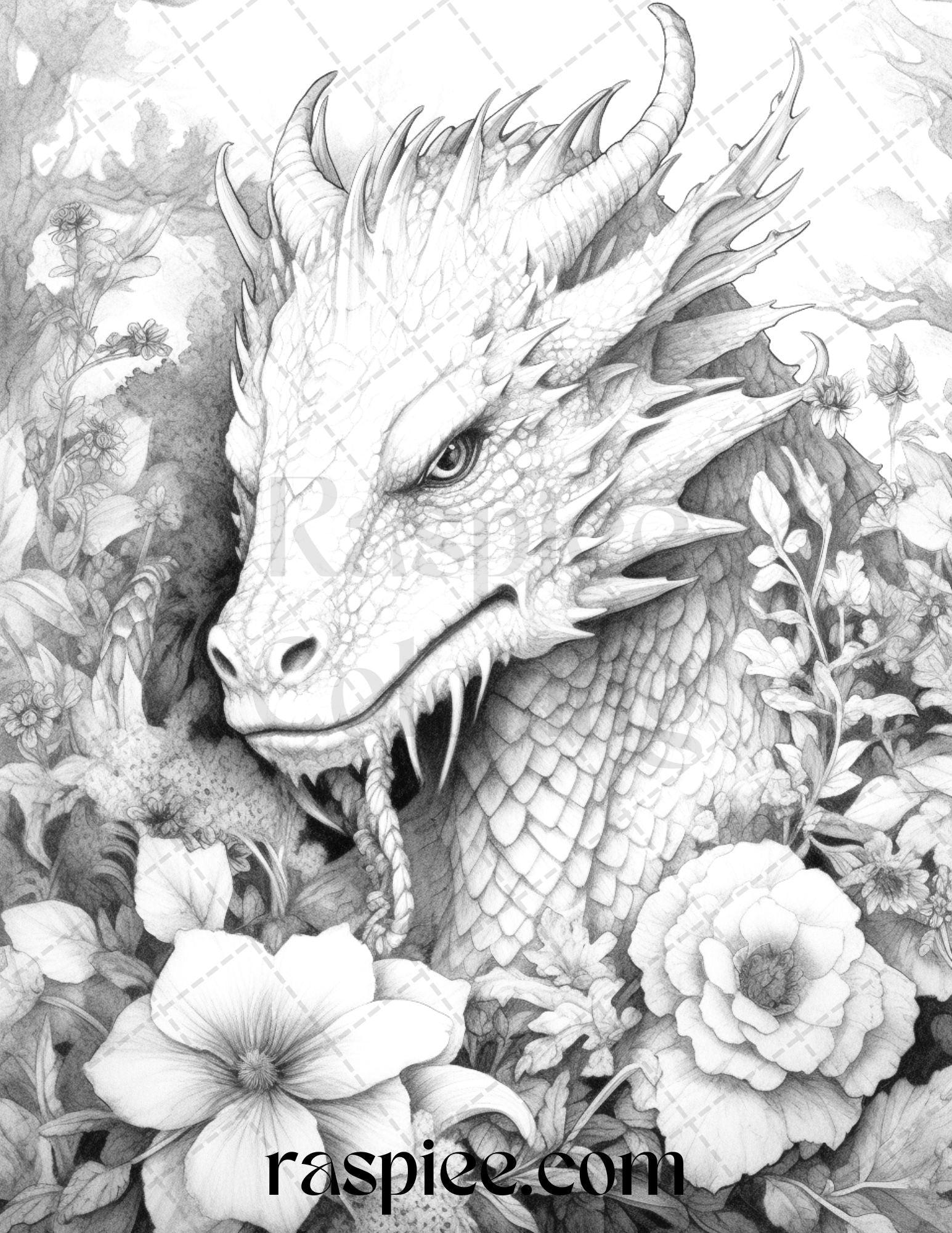 40 Flower Dragon Grayscale Coloring Pages Printable for Adults, PDF File Instant Download